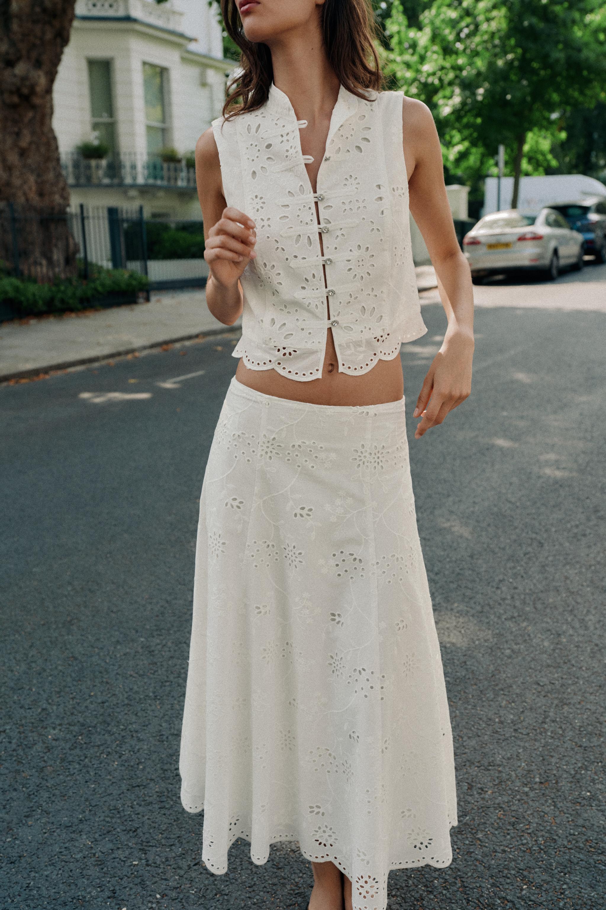 EMBROIDERED EYELET MIDI SKIRT
